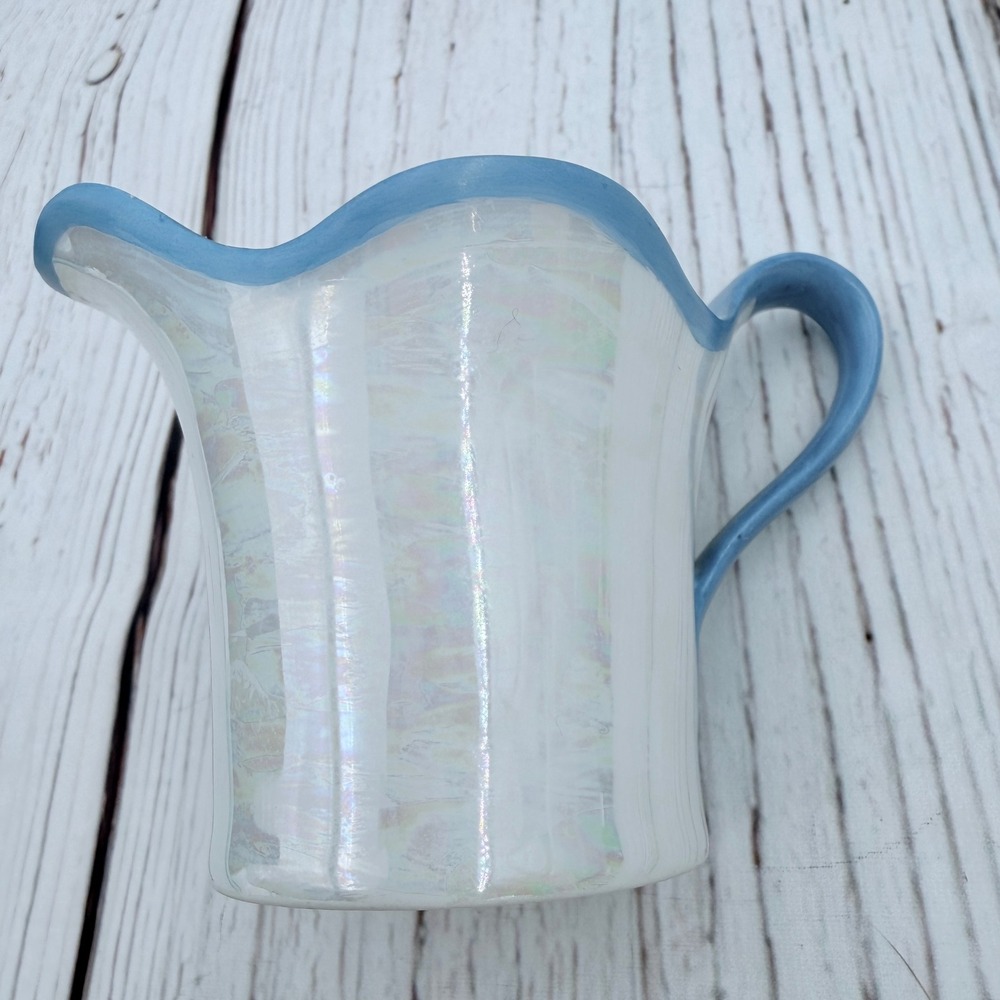 RS Silesia Iridescent Luster Porcelain Creamer Pitcher Blue Trim Vintage 3 inch